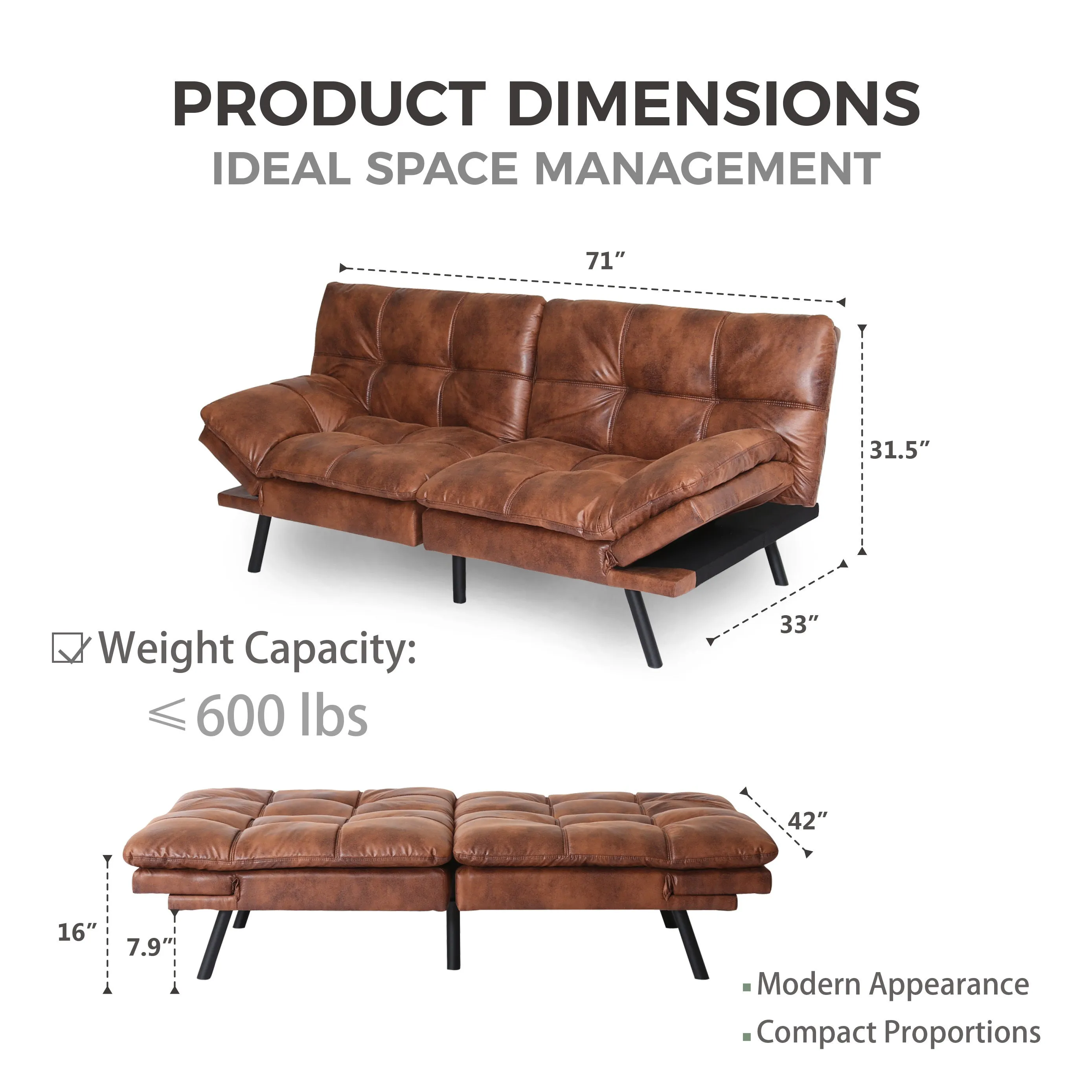 Koa Modern Convertible Memory Foam Futon Sofa Bed - Brown